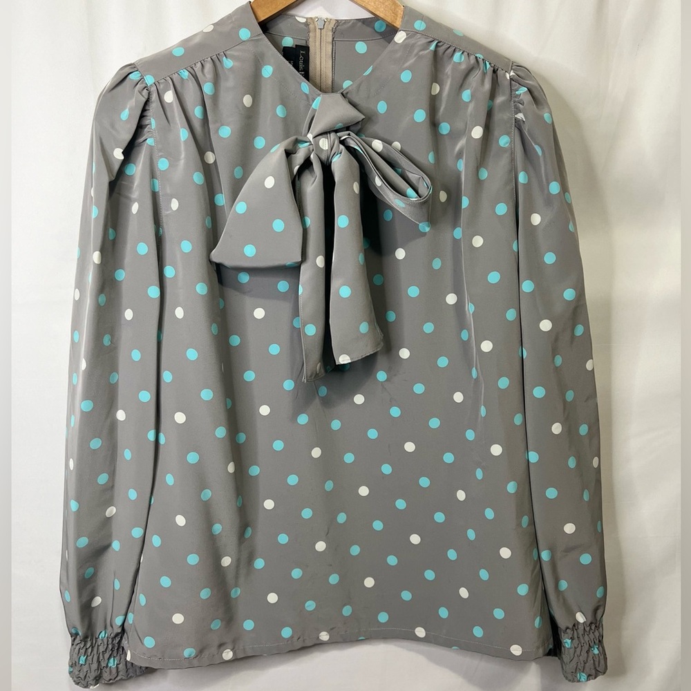 Louis Féraud Women’s Gray & White Polka Dot Blouse with Bow (adjustable) Size 6